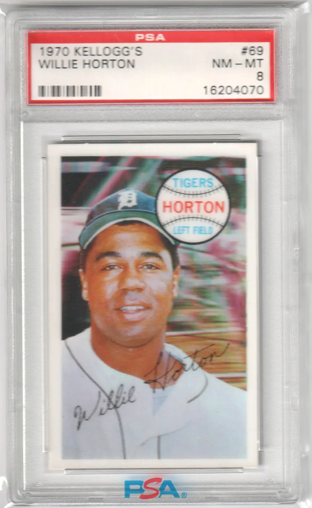 Graded 1970 Kellogg’s Willie Horton baseball card in PSA 8 NM-MT condition from Columbia Hobby