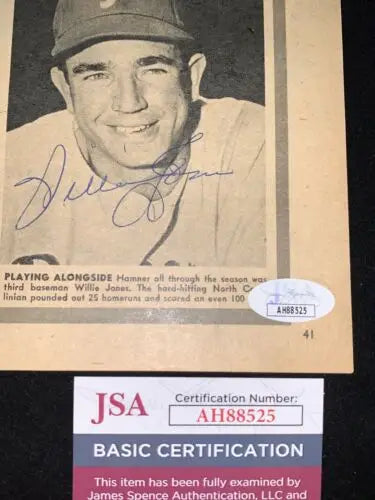 Autographed Willie Jones signed vintage baseball card with JSA certification for sale