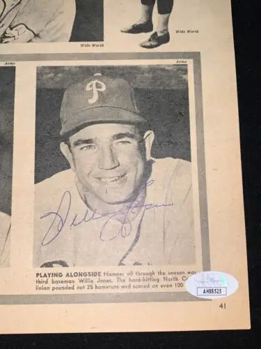 Willie Jones signed black and white baseball player portrait on vintage magazine page