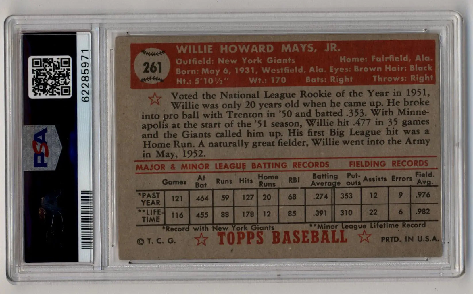Graded 1952 Topps Willie Mays baseball card in PSA 3.5 Very Good+ condition