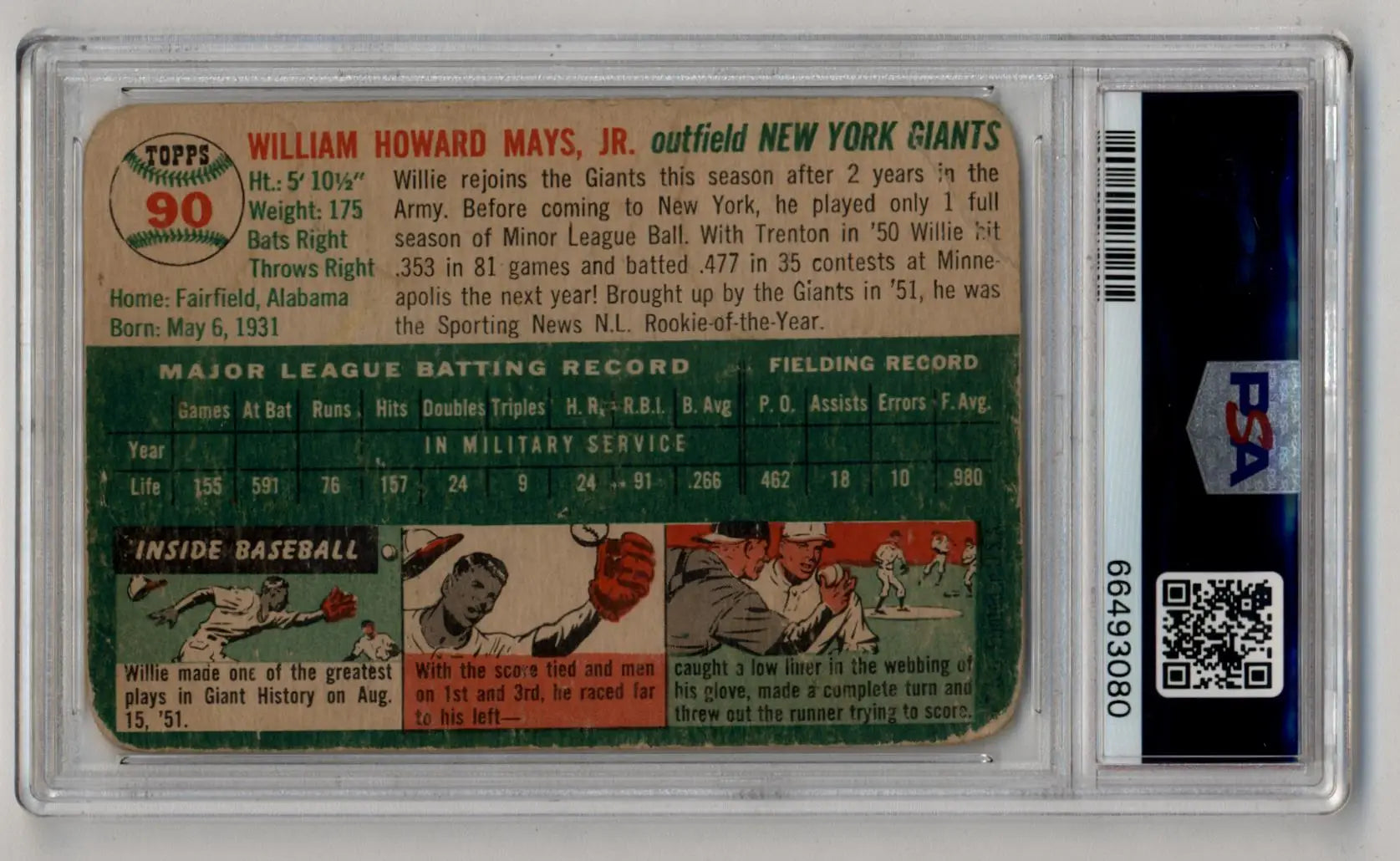 Vintage Willie Mays 1954 Topps #90 baseball card PSA 1 Poor graded collectible
