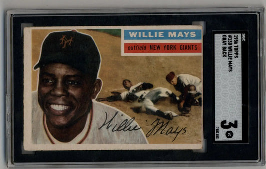 Graded 1954 Topps Willie Mays baseball card displayed in Willie Mays 1956 Topps product