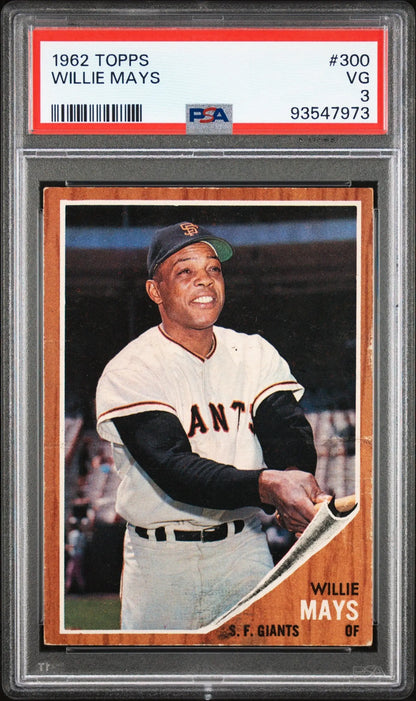 PSA-graded Willie Mays 1962 Topps #300 baseball card in protective case for trading cards