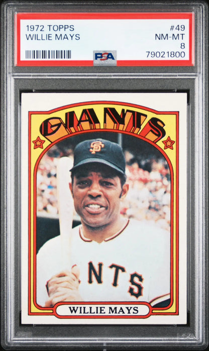 A graded 1972 Topps Willie Mays baseball card in PSA 8 NM-MINT condition