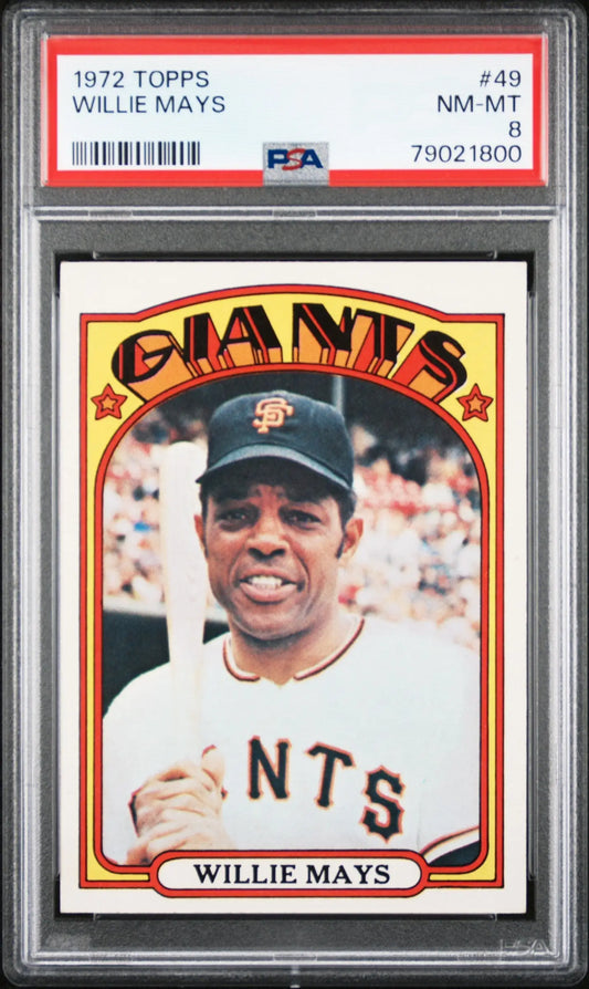A graded 1972 Topps Willie Mays baseball card in PSA 8 NM-MINT condition