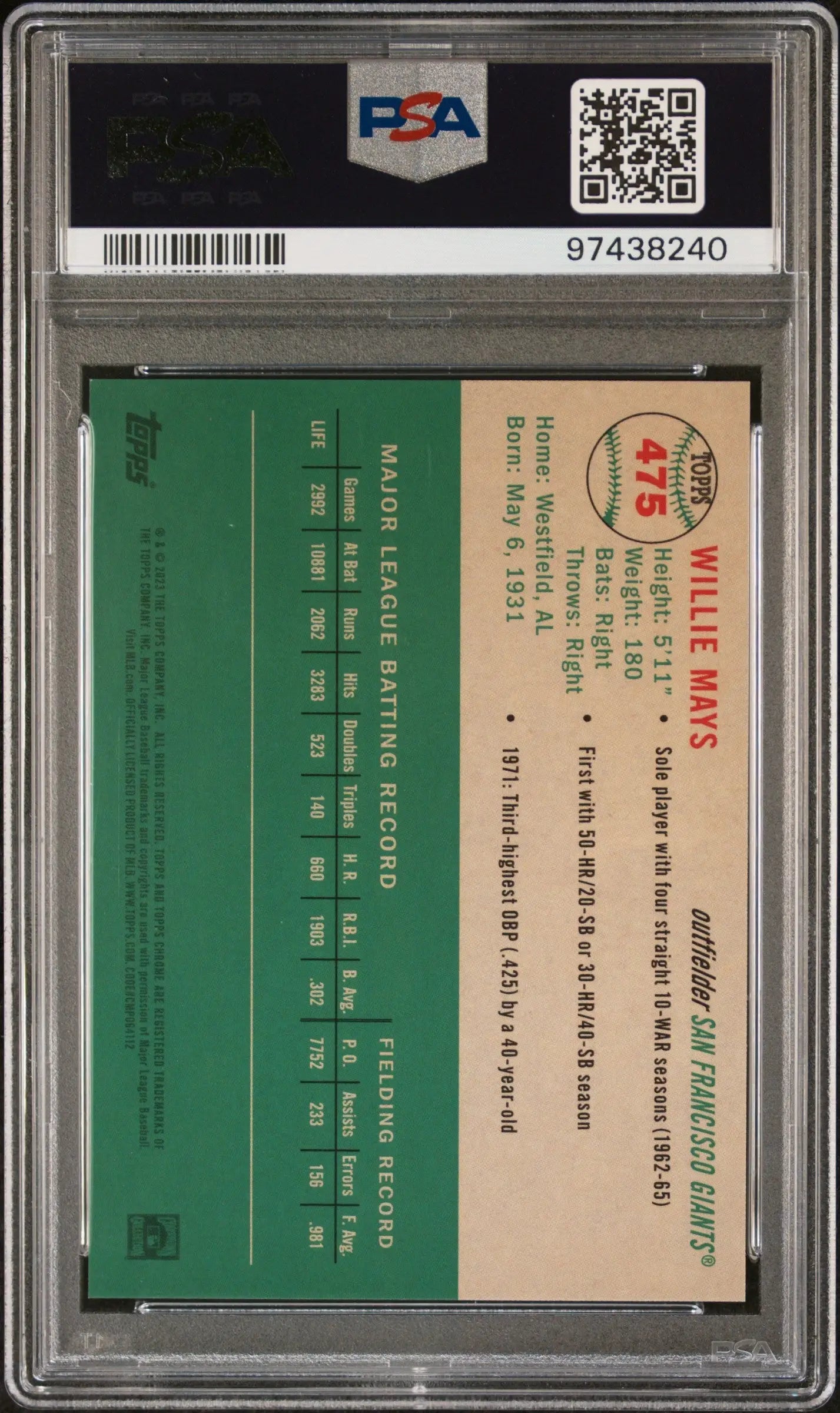 Willie Mays 2023 Topps Chrome Platinum Anniversary Cream/Black Tolie #1/10 PSA 10 Gem Mint - Singles