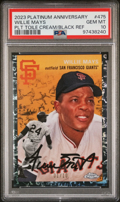Willie Mays 2023 Topps Chrome Platinum Anniversary Cream/Black Tolie #1/10 PSA 10 Gem Mint - Singles
