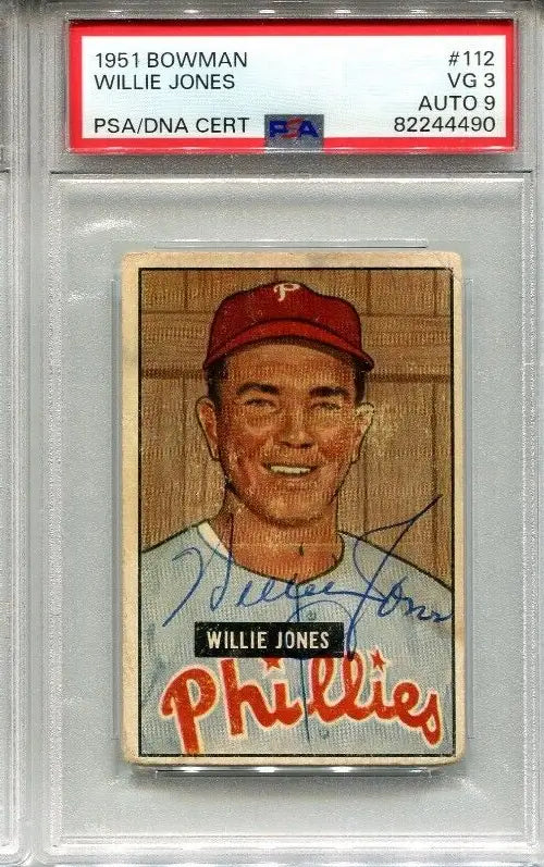 Willie Puddin Head Jones 1951 Bowman #112 PSA 3 DNA 9 Signed Card Auto Phillies