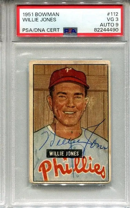 Willie Puddin Head Jones 1951 Bowman #112 PSA 3 DNA 9 Signed Card Auto Phillies