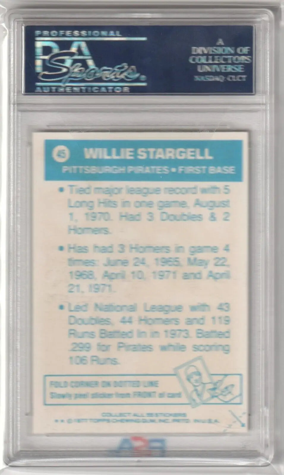 Graded Willie Stargell baseball card from 1977 Topps PSA 6 Pirates collectible