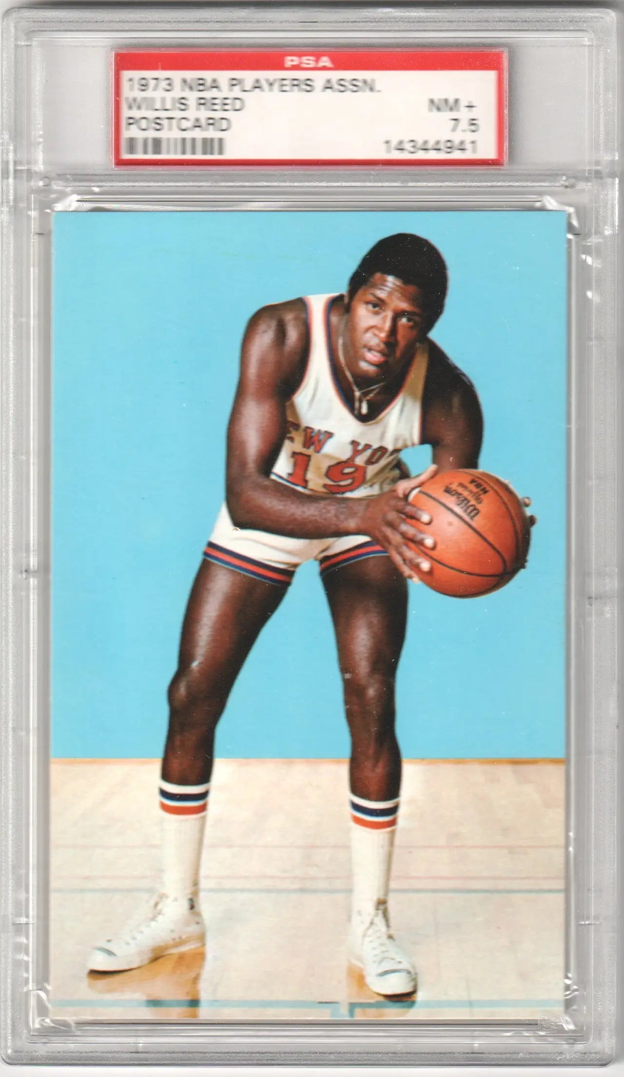 Graded Willis Reed postcard NBA Players Association featuring Knicks player in PSA 7.5 NM+