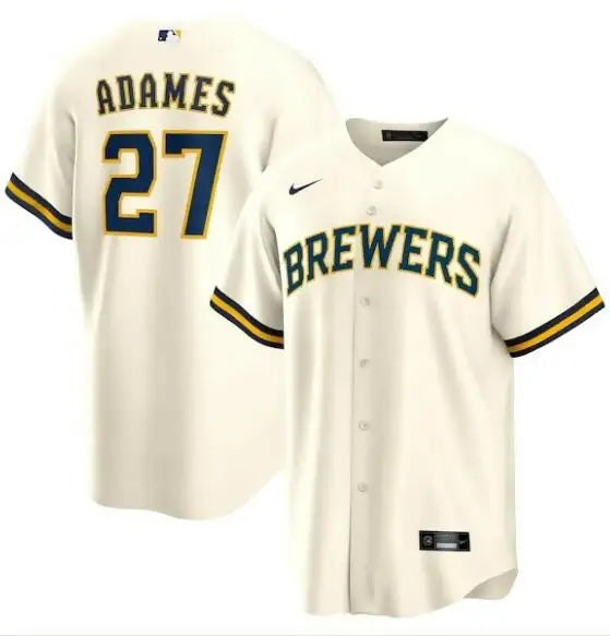 Cream-colored Milwaukee Brewers Nike replica baseball jersey worn by Willy Adames