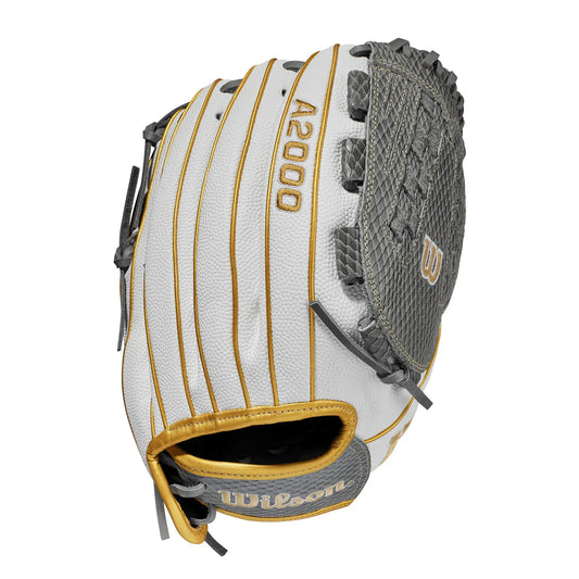 White and gray Wilson A2000 V125SS 12.5-inch Outfield Glove for Fastpitch softball