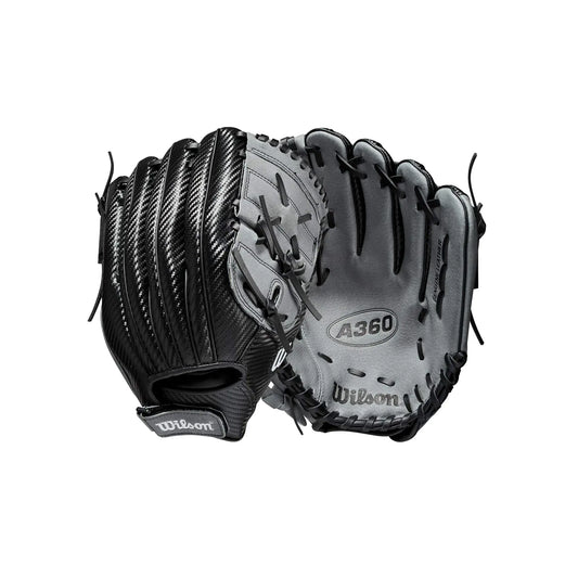 Black and gray Wilson A360 12-inch utility baseball glove for right-handed throwers