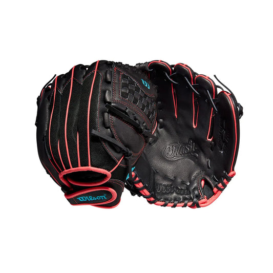 Black and pink fastpitch infield glove for softball by Wilson 2022 A440 Flash