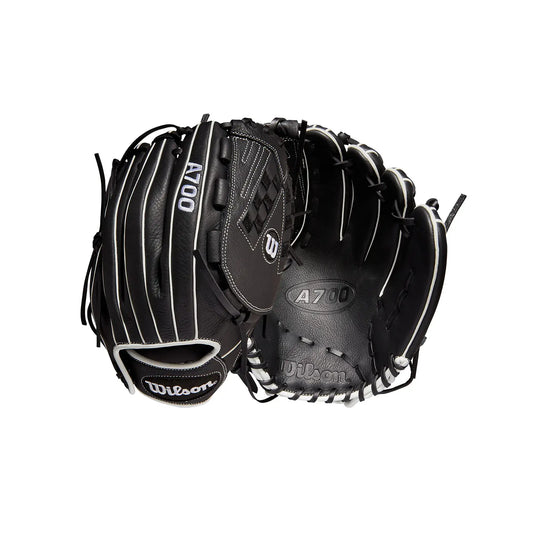 Black Wilson A700 fastpitch outfield glove for right-handed throwers in 12.5-inch size