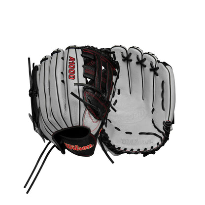 White and black baseball glove by WILSON, ideal for outfield foul line plays