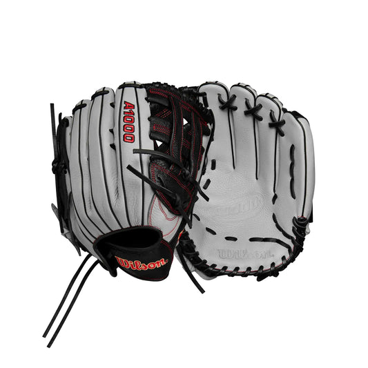 White and black baseball glove by WILSON, ideal for outfield foul line plays