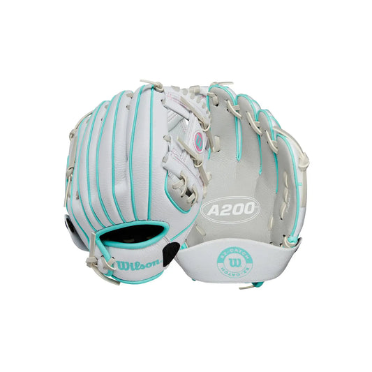 White and turquoise Wilson 2024 A200 EZ Catch T-Ball Glove for right-handed throwers