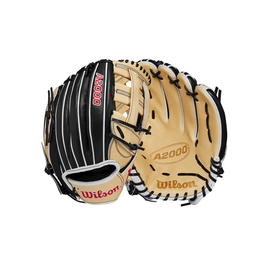 Black and tan Wilson A2000 1750 12.5-inch outfield baseball glove with wrist opening