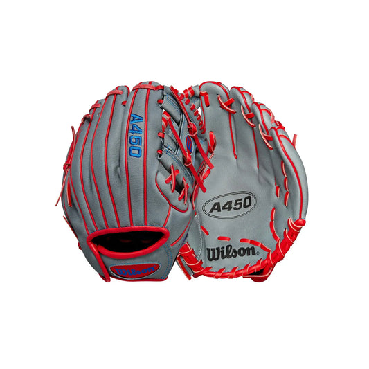 Youth infield baseball glove in gray and red for right hand throw Wilson 2024 A450