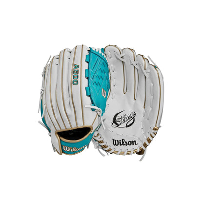 White and teal youth outfield softball glove featuring metallic gold accents from Wilson 2024 A500™ Siren™