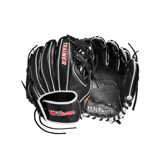 Black and white Wilson 27.5 inch Infield Pancake Training Baseball Glove for ground balls