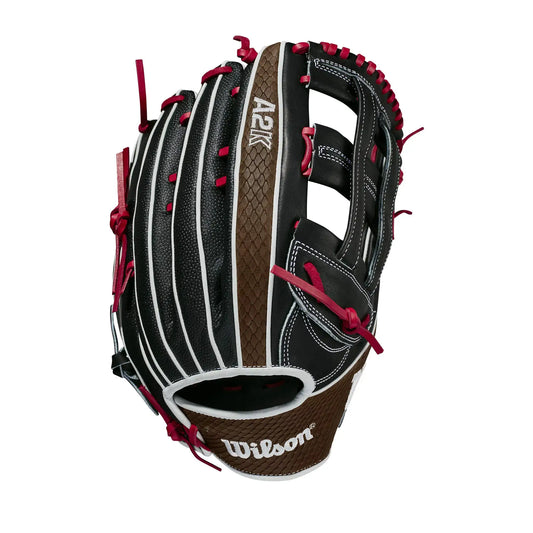 Black and brown Pro Stock Select leather baseball glove with red laces for outfielders