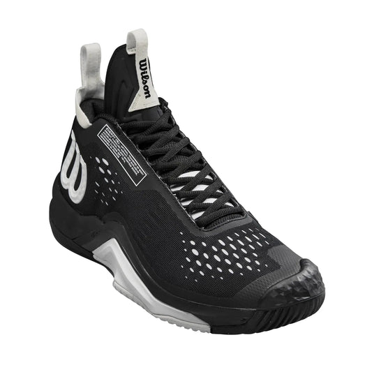 Black and white Wilson Rush Pro Tour tennis shoe for tennis players size 8.5