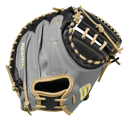Gray and black Wilson Sporting Goods catchers mitt for baseball, 33.5 inches, right hand throw