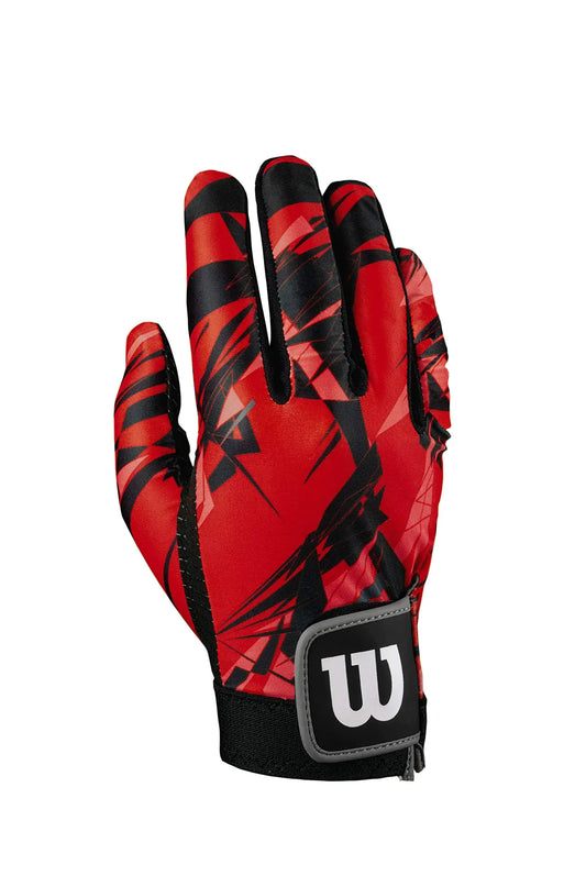 Red and black patterned batting glove for right hand from Wilson Sporting Goods
