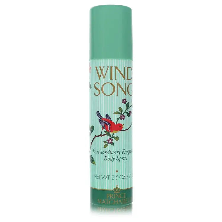 Teal aerosol spray can of Wind Song by Prince Matchabelli with bird and floral design