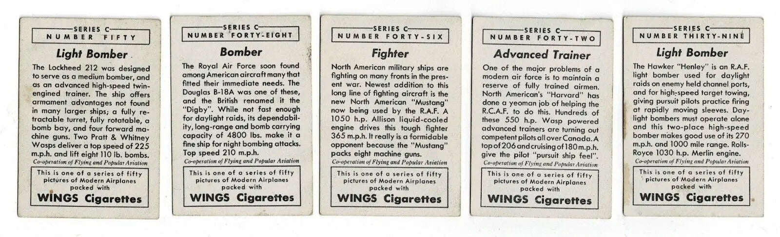 Vintage airplane trading cards from Wings Cigarettes Lot featuring T87C Modern American series