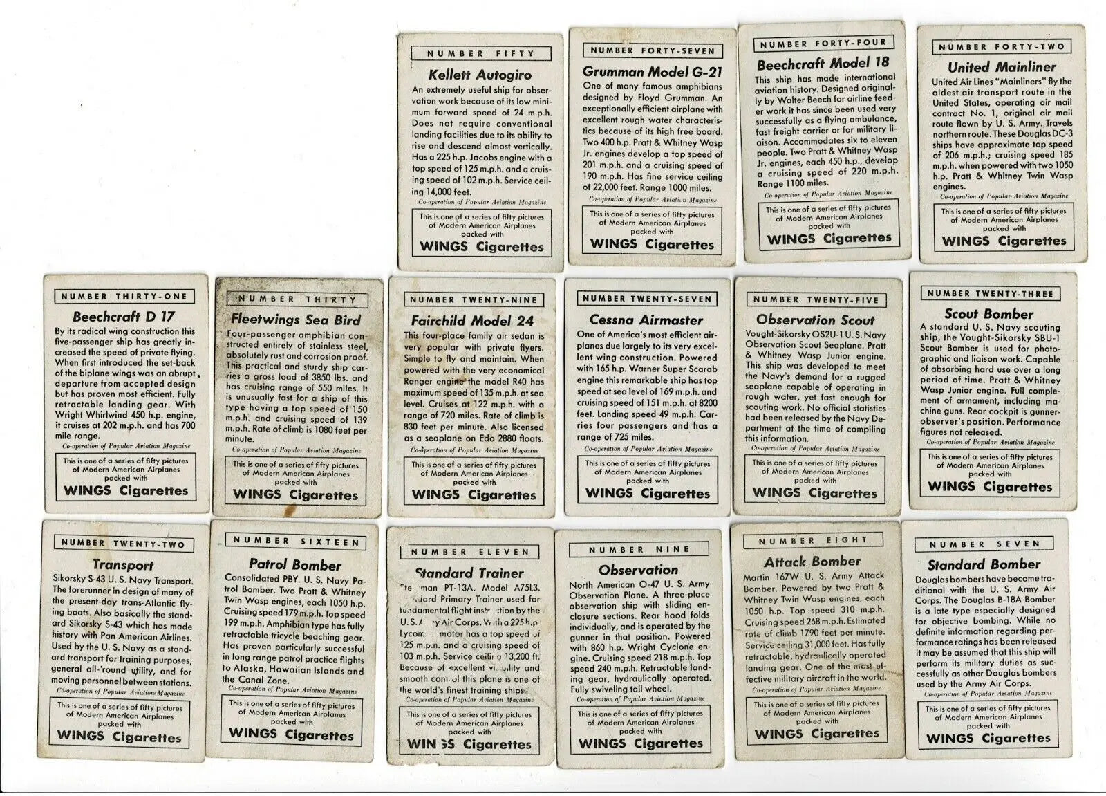Vintage airplane cards from Wings Cigarettes lot featuring T87C Modern American series