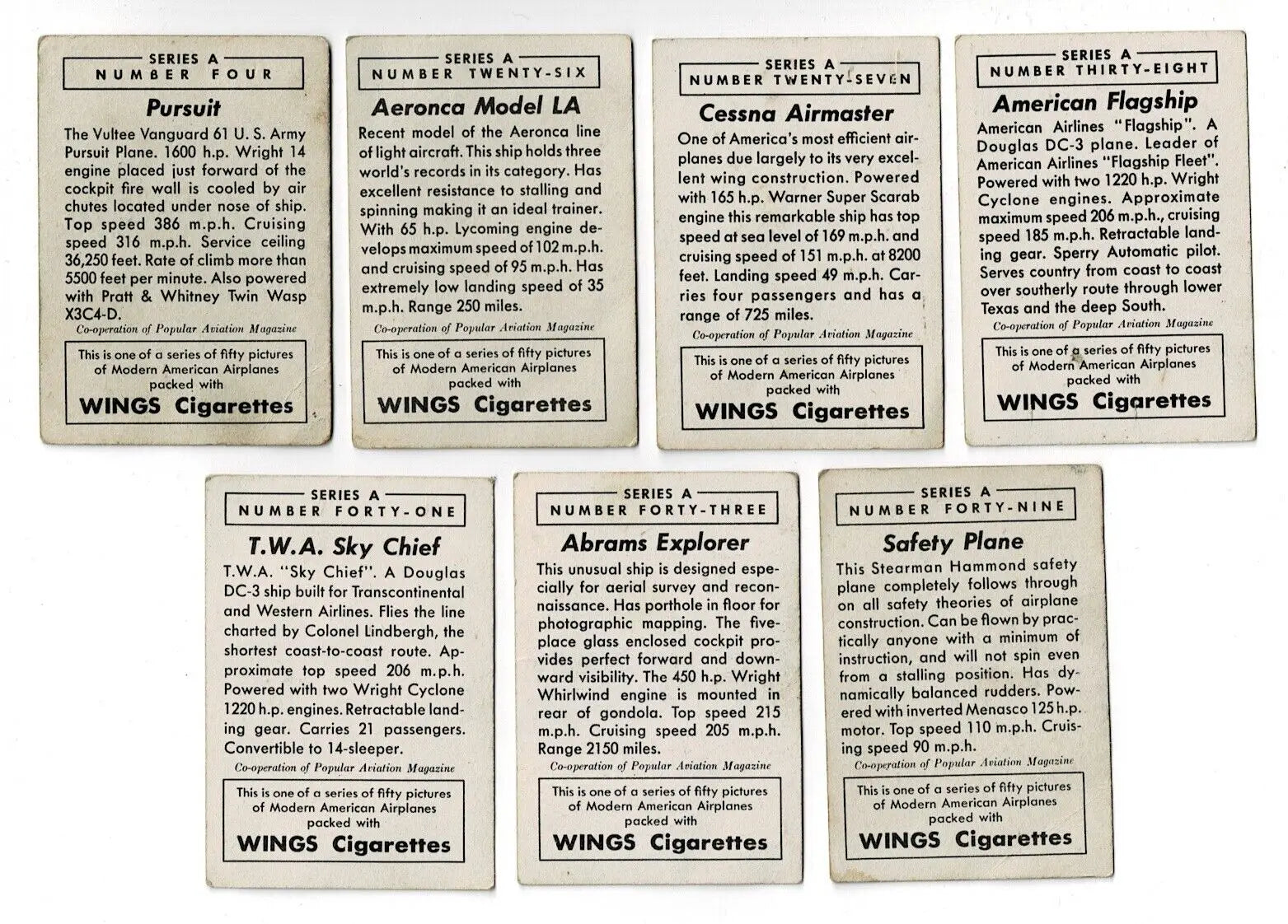 Vintage airplane trading cards from Wings Cigarettes Lot of 59 T87C Modern American Series
