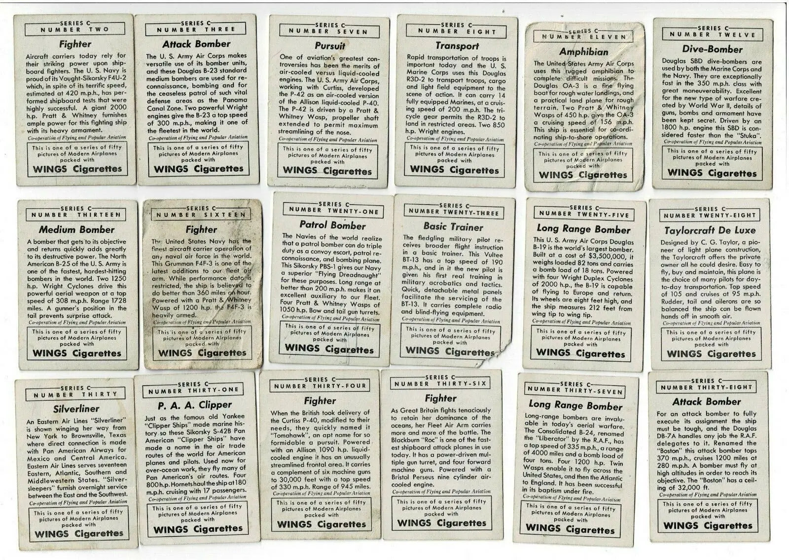 Collection of vintage airplane cards from Wings Cigarettes Lot T87C Modern American