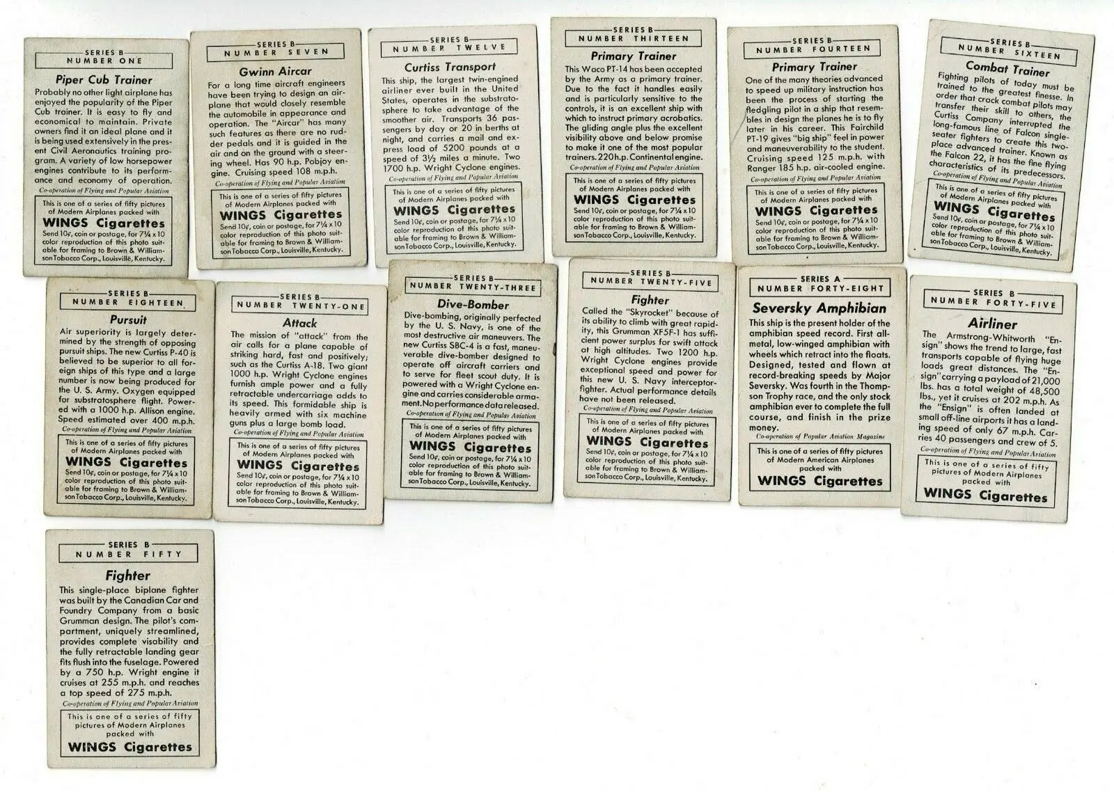 Vintage T87C Modern American cigarette cards from Wings Cigarettes Lot of 59