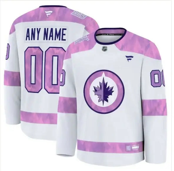 White and pink Winnipeg Jets hockey fights cancer practice jersey with purple logo
