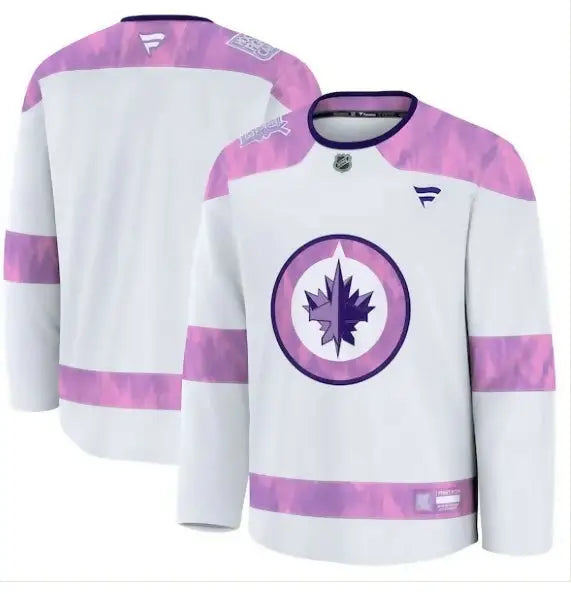 White and purple Winnipeg Jets hockey fights cancer practice jersey with maple leaf logo