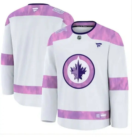 White and purple Winnipeg Jets hockey fights cancer practice jersey with maple leaf logo