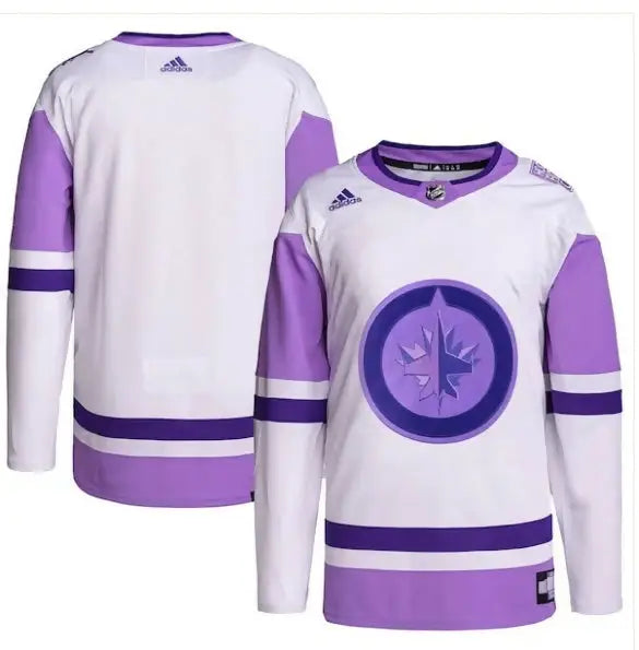 White and purple Winnipeg Jets adidas hockey Fights Cancer practice jersey with circular team logo