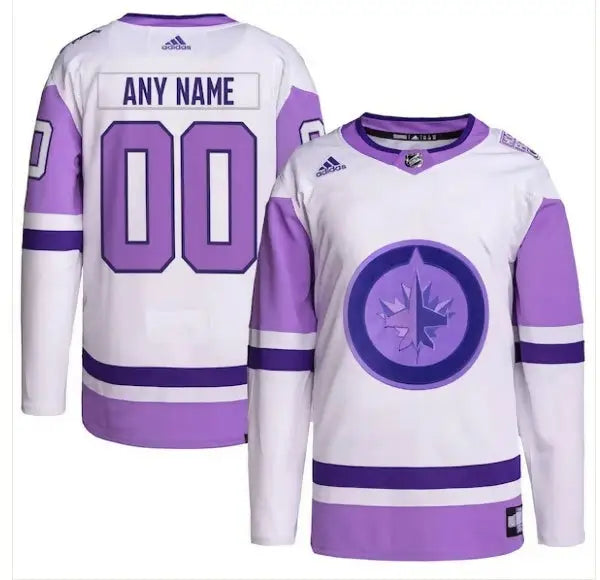 White and purple Winnipeg Jets adidas hockey jersey with round logo for hockey fans