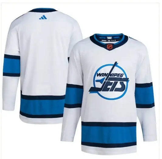 White long-sleeved Winnipeg Jets adidas reverse retro jersey with blue stripes and Jets logo