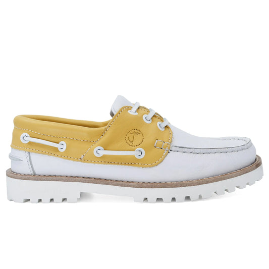High quality women boat shoe Quirimbas in white and yellow leather with white laces