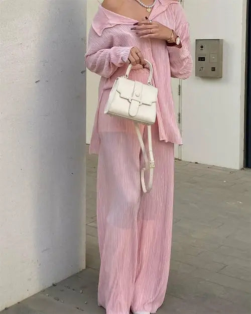 Light pink women tracksuits shirt with long pants two-piece set for stylish business days