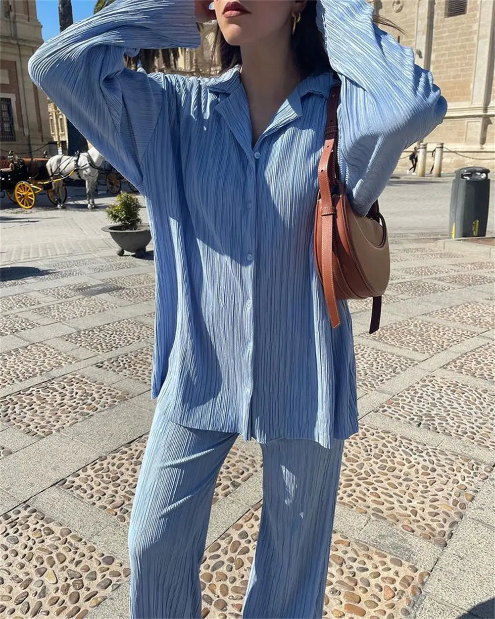 Light blue women tracksuits shirt with long pants two-piece set, oversized button-down style