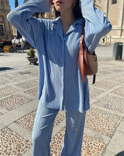 Light blue women tracksuits shirt with long pants two-piece set, oversized button-down style
