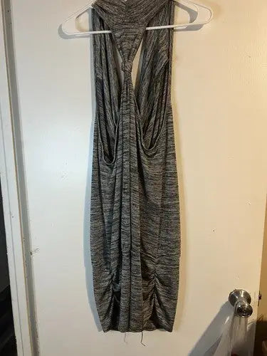 Gray dress for women with marled knit, twisted racerback, and ruched sides