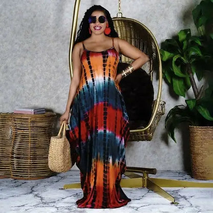 Long tie-dye print casual long dress with spaghetti straps, perfect for Women’s Fashion Casual Long collection