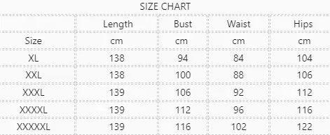 Size chart for fashion casual long dress with measurements in centimeters for XL sizes